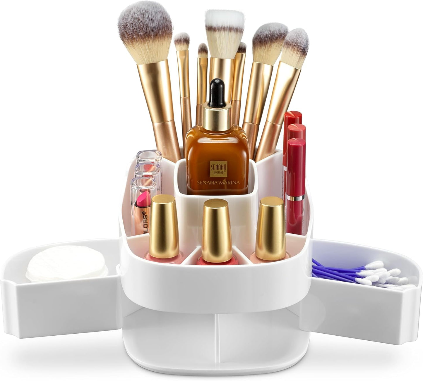 Masirs Small Rotating Makeup Organizer - Mini Yet Spacious Cosmetic Storage Solution with Multiple Compartments - The Perfect Spinning Make-Up Caddy for Vanity or Bathroom Counter (Square - White)