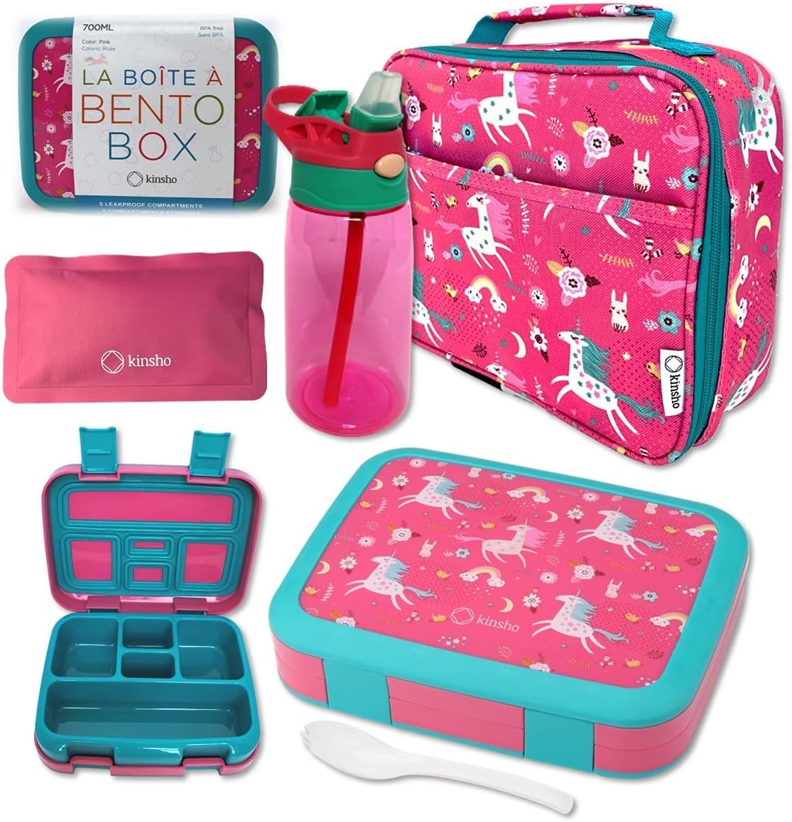 Bento Lunch Box with Insulated Bag, Water Bottle Ice Pack Set for Kids Toddlers, 5 Portion Sections, BPA Free Removable Tray, Pre-School Kid Toddler Daycare Lunches, Snack Container, Pink Unicorn