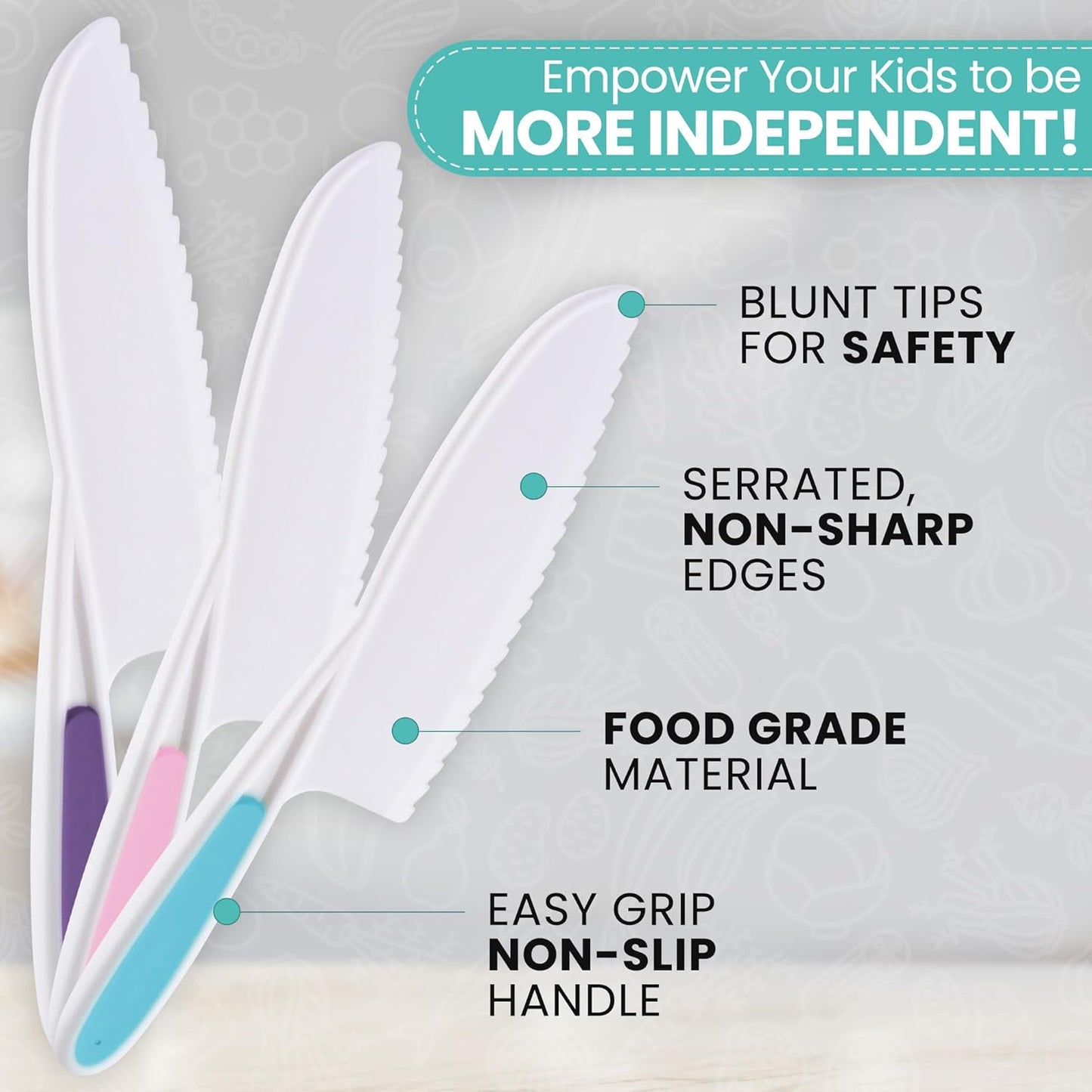 Zulay Kitchen 3-Piece Kids Knife Set for Real Cooking & Baking - Toddler Knives for Cutting Fruits, Veggies, & Cake - Children’s Montessori Knive with Serrated Edges - Safe & Fun Lettuce Knife (Multi)