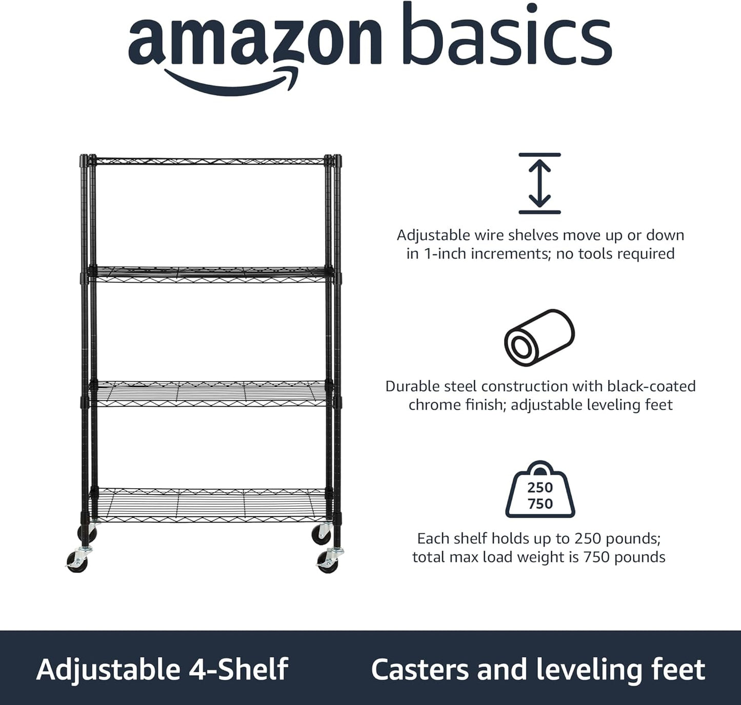 Amazon Basics 4-Shelf Adjustable, Heavy Duty Storage Shelving Unit on 3'' Wheel Casters, Metal Organizer Wire Rack, 36" L x 14" W x 57.75" H, Black
