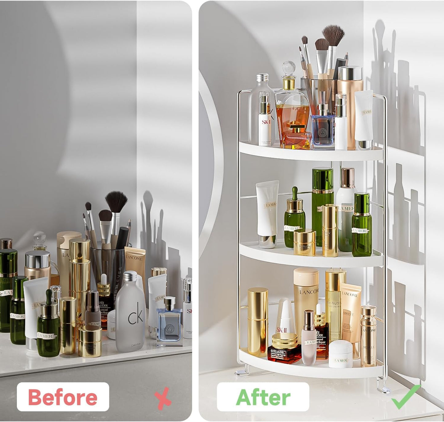 3-Tier Corner Spice Rack Kitchen Bathroom Countertop Organizer Vanity Tray Cosmetic Makeup Storage Standing Shelf, White