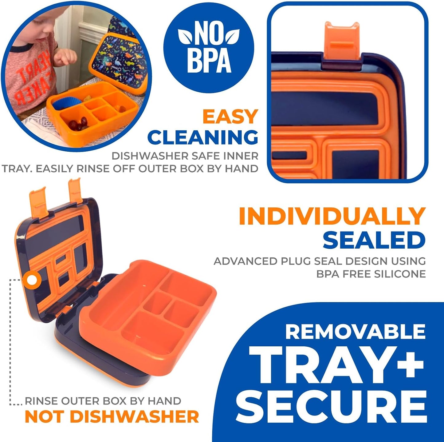 kinsho Bento Lunch Box with Insulated Bag, Water Bottle&Ice Pack Set for Kids Toddlers,5 Portion Sections, BPAFree Removable Tray, PreSchool Kid Toddler Daycare Lunches, Snack Container,Blue Dinosaur