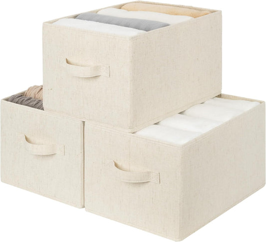 StorageWorks Storage Baskets for Shelves, Foldable Fabric Closet Storage Bins with Handles, Fabric Storage Bins Clothes Organizer, Beige(Cotton-linen), 3-Pack, Large