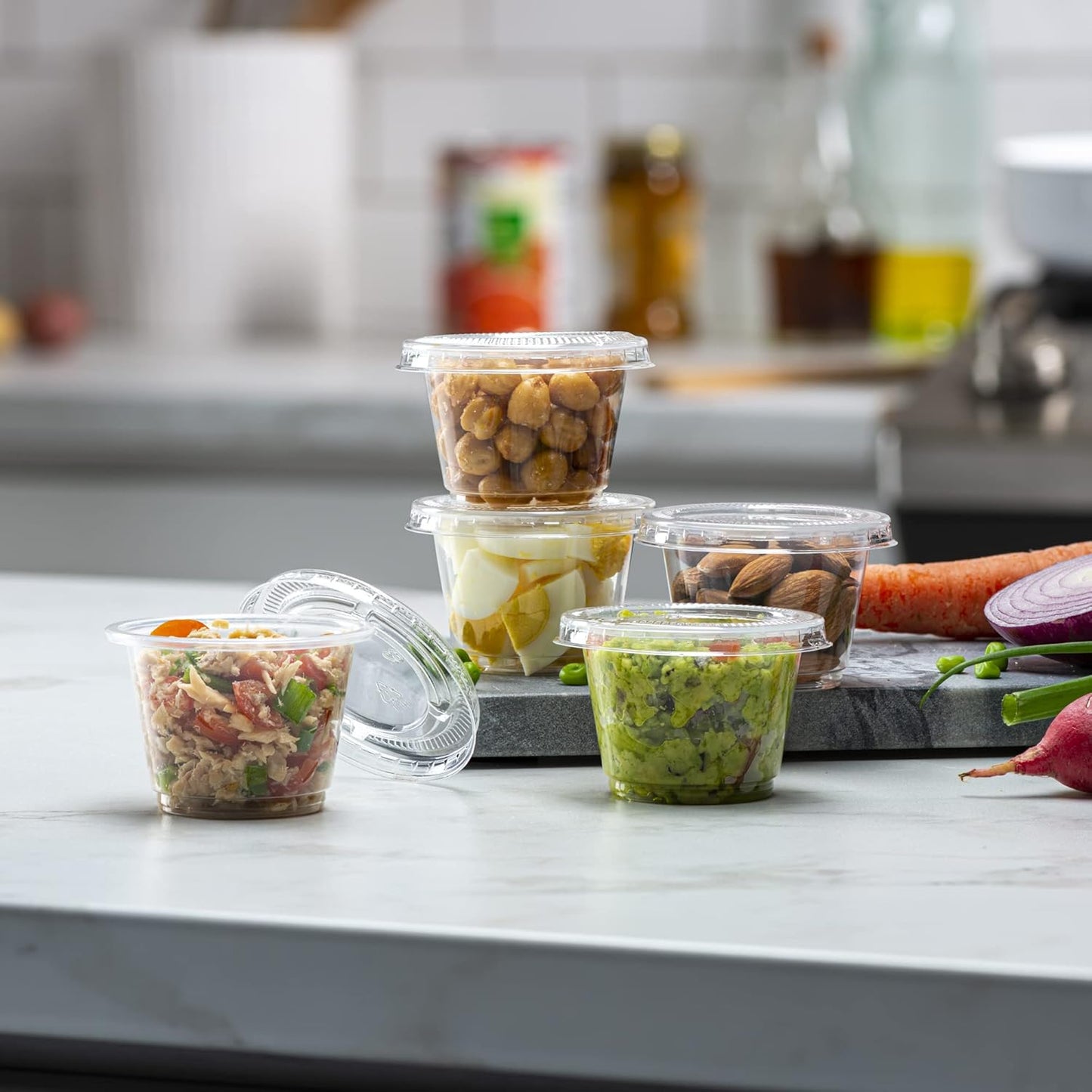 {2.5 oz - 100 Sets} Clear Diposable Plastic Portion Cups With Lids, Small Mini Containers For Portion Controll, Jello Shots, Meal Prep, Sauce Cups, Slime, Condiments, Medicine, Dressings, Crafts, Disposable Souffle Cups & Much more