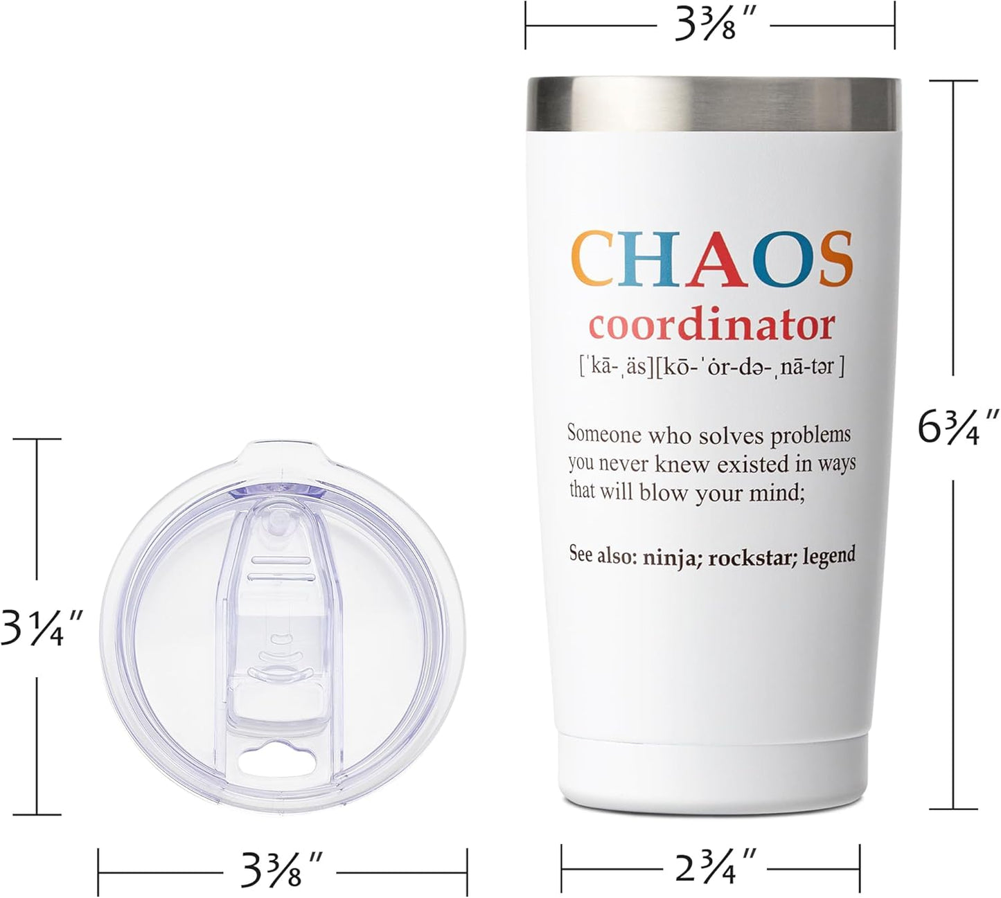 SUNWILL Coffee Tumbler with Lid, Christmas Gifts for Women, Stainless Steel Insulated Mug, CHAOS Coordinator Cups for Birthday, Thank you, Graduation - 20 oz Snow White