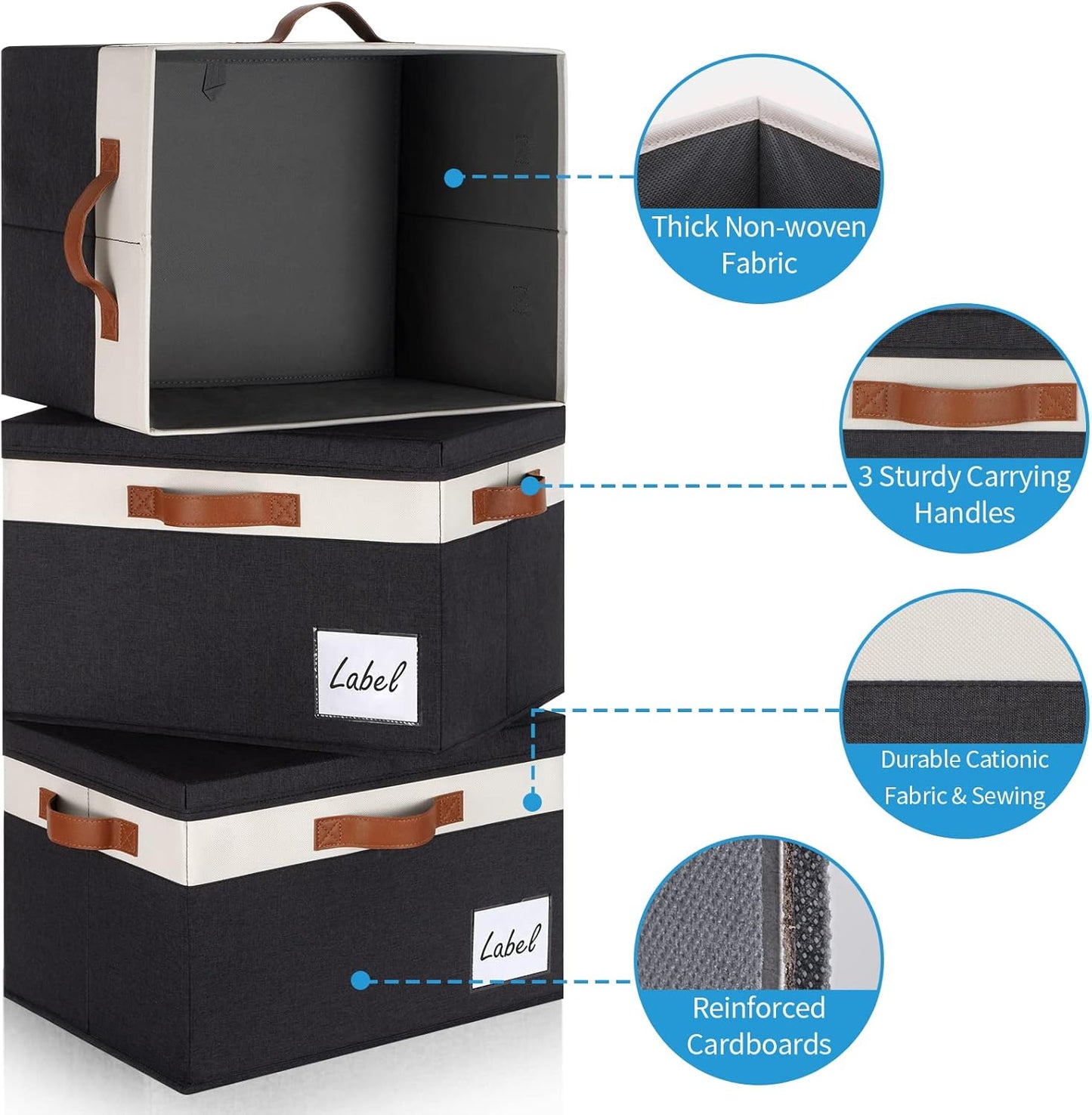 GhvyenntteS Extra Large Storage Bins with Lids, Foldable Fabric Storage Boxes with Lids and 3 Leather Handles, Storage Baskets with Label Window (6 Pack, Black, 15.75" x 11.8" x 10.2")