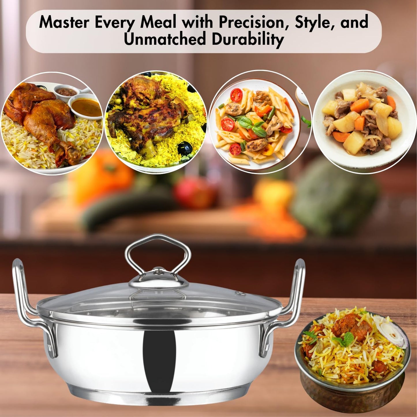 Vinod Stainless Steel Kadai with Glass Lid Extra Thick SAS Heavy Base Kadai for Cooking Induction and Gas Compatible 125 oz 10.14 in 2-Year Silver