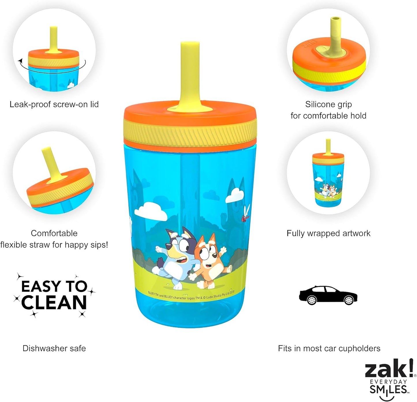 Zak Designs Bluey Kelso Tumbler Set, Leak-Proof Screw-On Lid with Straw, Bundle for Kids Includes Plastic and Stainless Steel Cups with Bonus Sipper, 3pc Set (Pack of 12)