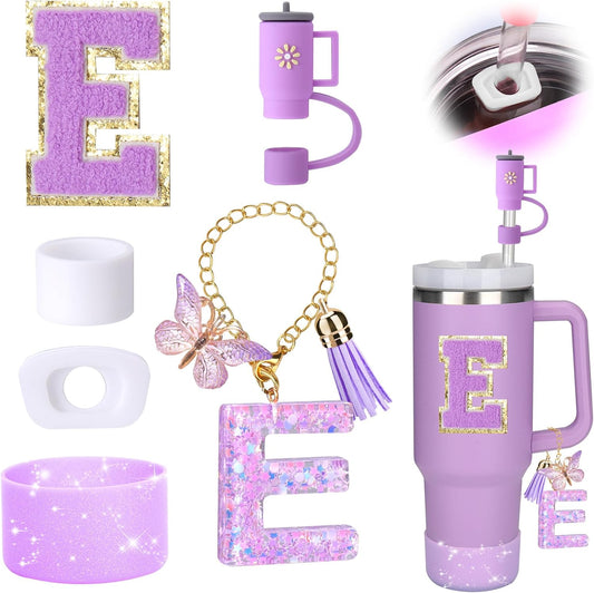 Mity rain 6PCS Cup Accessories Set for Stanley Cup 30oz 40oz tumbler with handle, Including Silicone Straw Topper Cover Cap and Boot, Spill Proof Stopper, Handle Charm, Initials Sticker (Letter E)