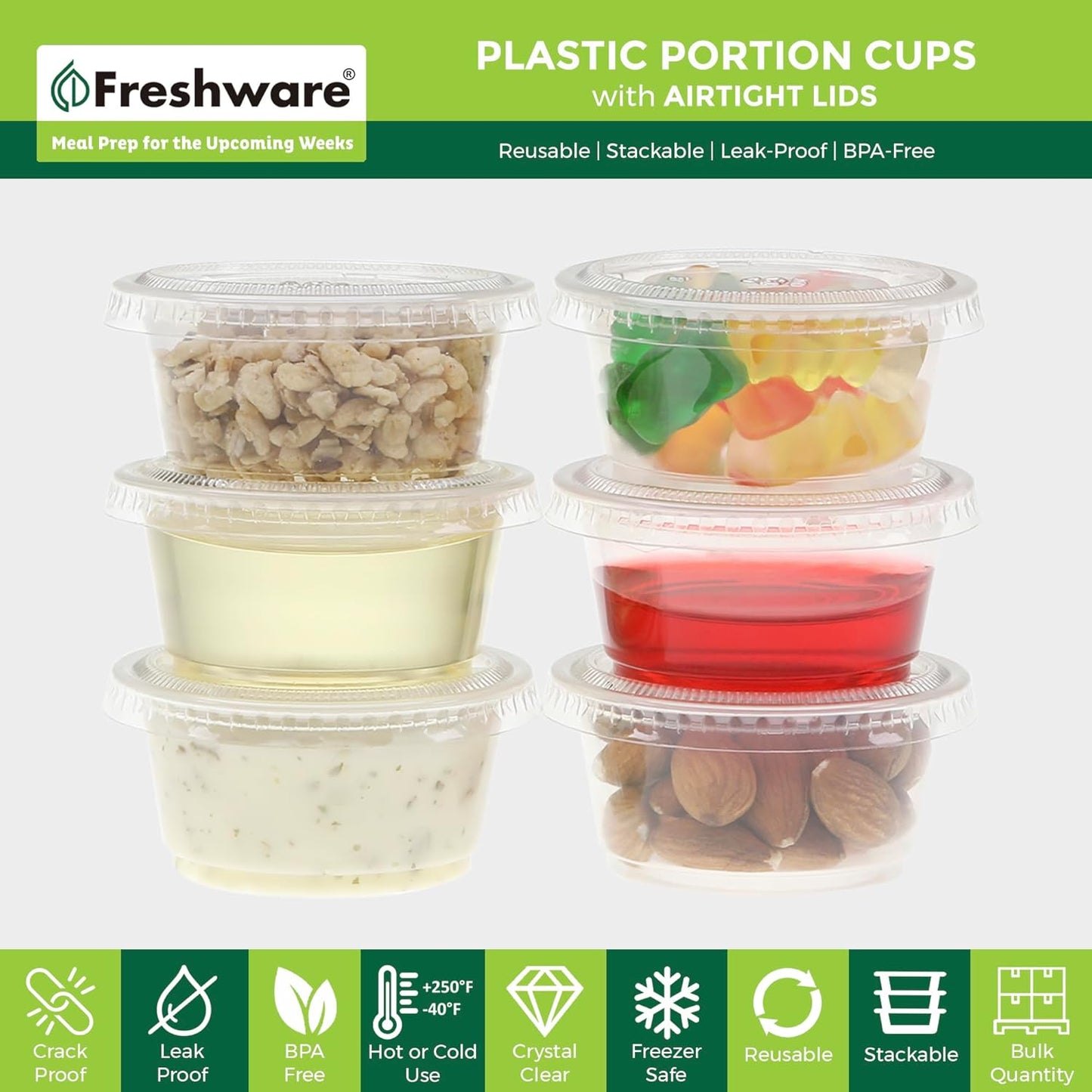 Freshware Plastic Portion Cups with Lids [2 Ounce, 100 Sets] Disposable Plastic Cups for Meal Prep, Salad Dressing, Jellos Shot Cups, Souffle Cups, Condiment and Dipping Sauce Cups