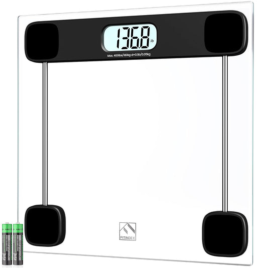 FITINDEX Bathroom Scale for Body Weight, Highly Accurate Digital Weighing Scale with Large LCD Display, Transparent and Slim Tempered Glass, 400 lbs, Black