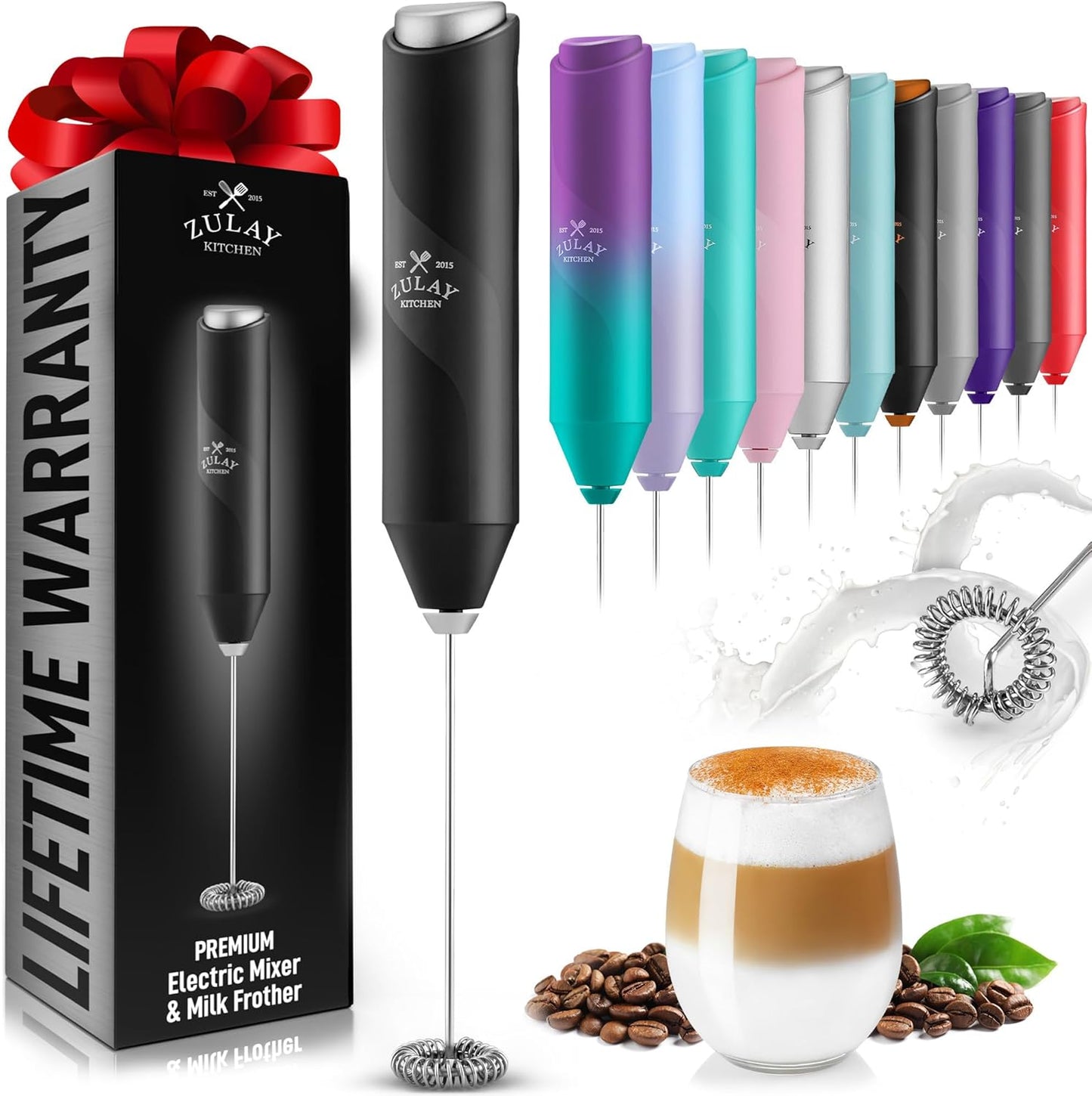 Zulay Kitchen Powerful Milk Frother Wand - Handheld Stainless Steel - Battery Operated Drink Mixer for Coffee, Lattes, Cappuccino, Matcha - Froth Mate Frother Gift - Black