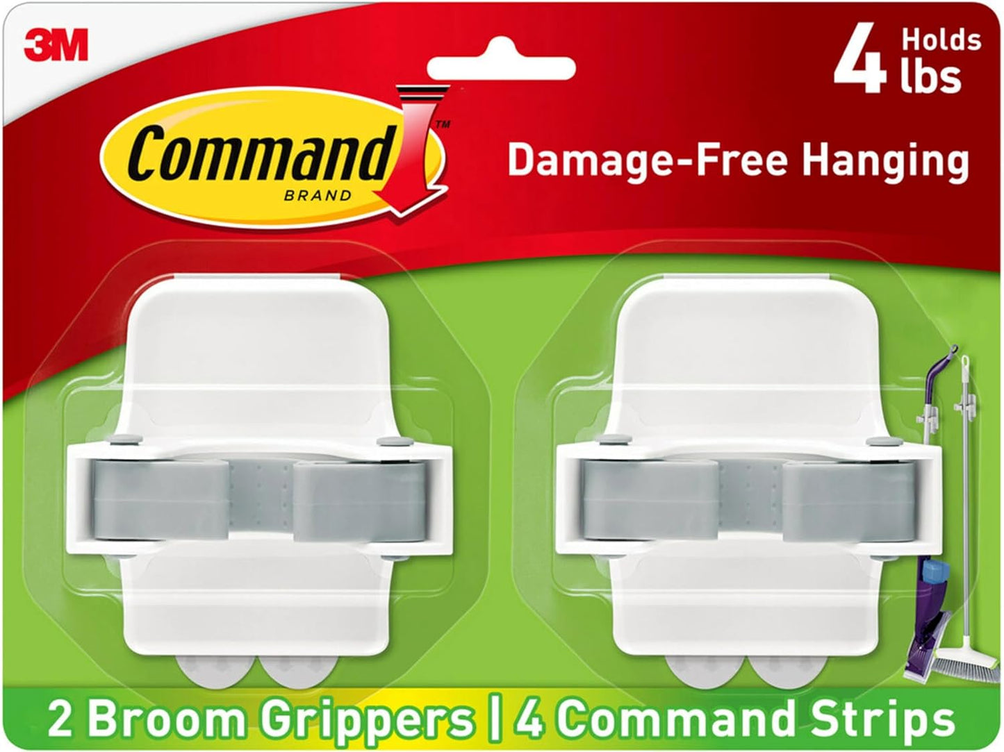 Command Broom and Mop Grippers, 2 Hangers and 4 Command Strips, Damage-Free Hanging Wall Mount Broom and Mop Holder, Household Cleaning Organizer for Christmas Decorations, Holds up to 4 lb