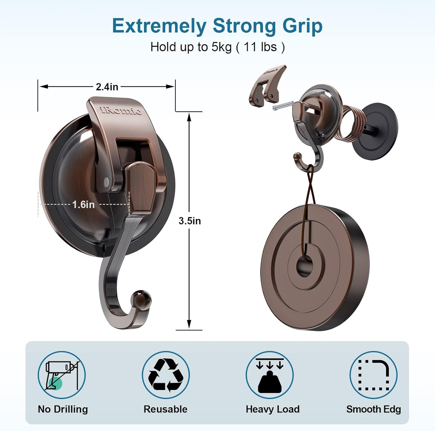 Heavy Duty Vacuum Suction Cup Hooks (2Pack) for Shower,Glass Window,Kitchen&Bathroom&Restroom Organization,Red Bronze