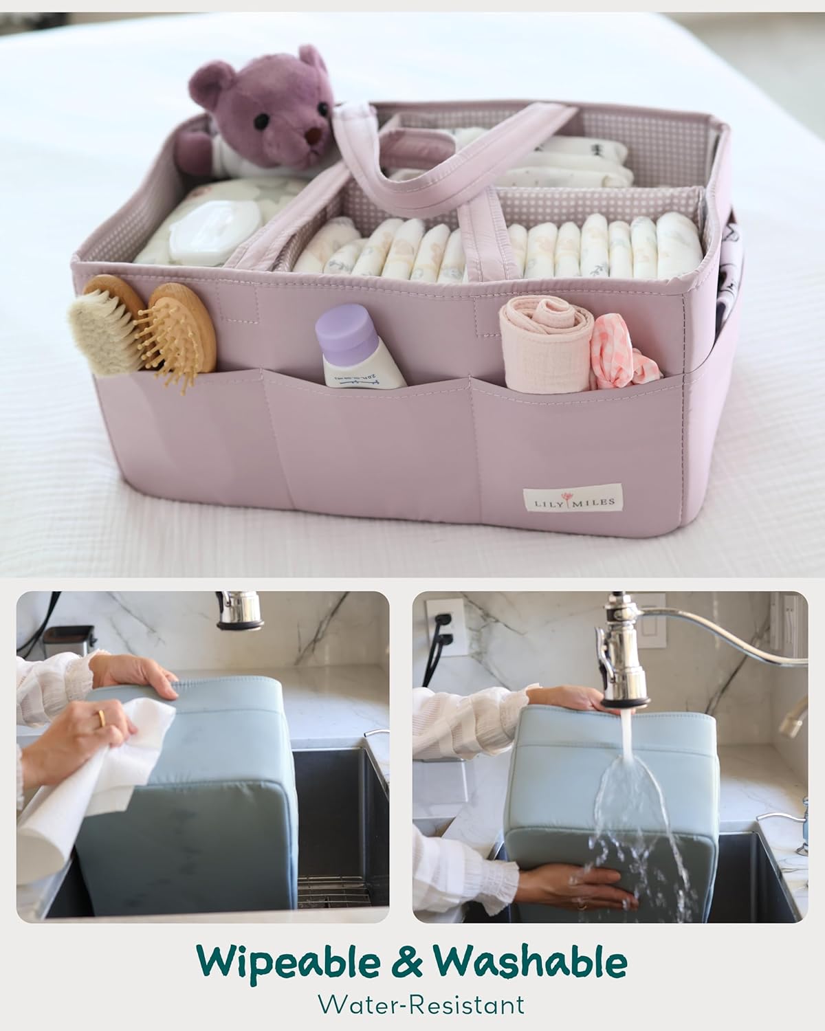 Lily Miles Baby Diaper Caddy Organizer, Wipeable Diaper Organizer Basket with 8 Pockets for Newborn Essentials, Baby Shower Gifts, Nursery Tote Bag for Changing Table or Car (Rosy Lilac, Large)