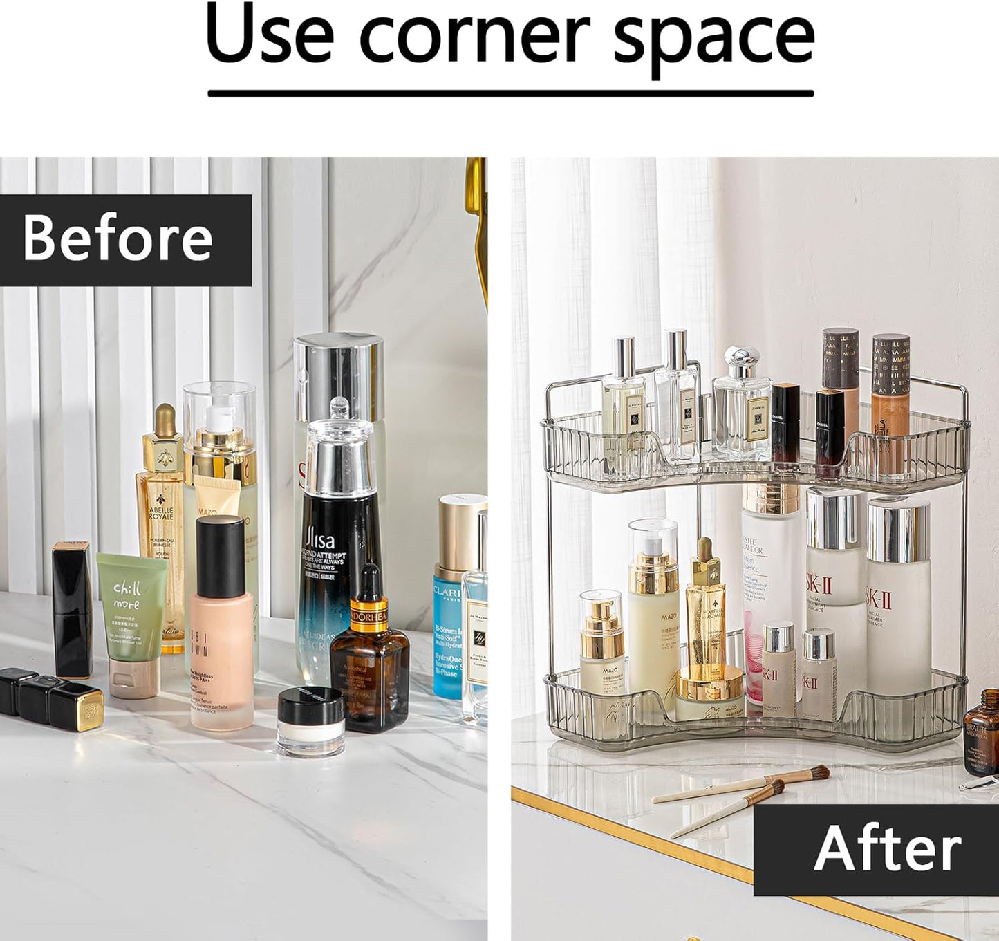 2-Tier Corner Bathroom Counter Organizer – Classic Storage Shelf for Makeup, Perfume & Toiletries, Space-Saving Countertop Tray Fits Bathroom, Dresser, Kitchen (Slate Gray)