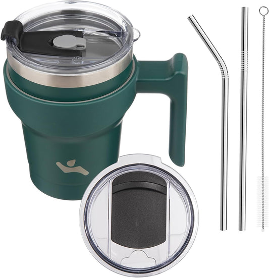 10 oz Tumbler with Handle and 2 Straw 2 Lid, Insulated Water Bottle Stainless Steel Vacuum Cup Reusable Travel Mug,Army Green