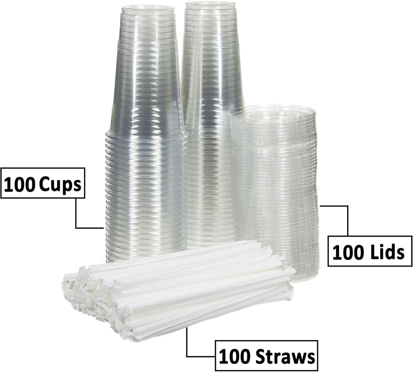 SafeWare Clear Disposable Plastic Cups 20oz with Flat Lids and Straws, Togo Disposable Iced Coffee Cups - Ideal for Party, Outdoor Picnic, BBQ, House Party, Restaurant Quality - 100 Sets