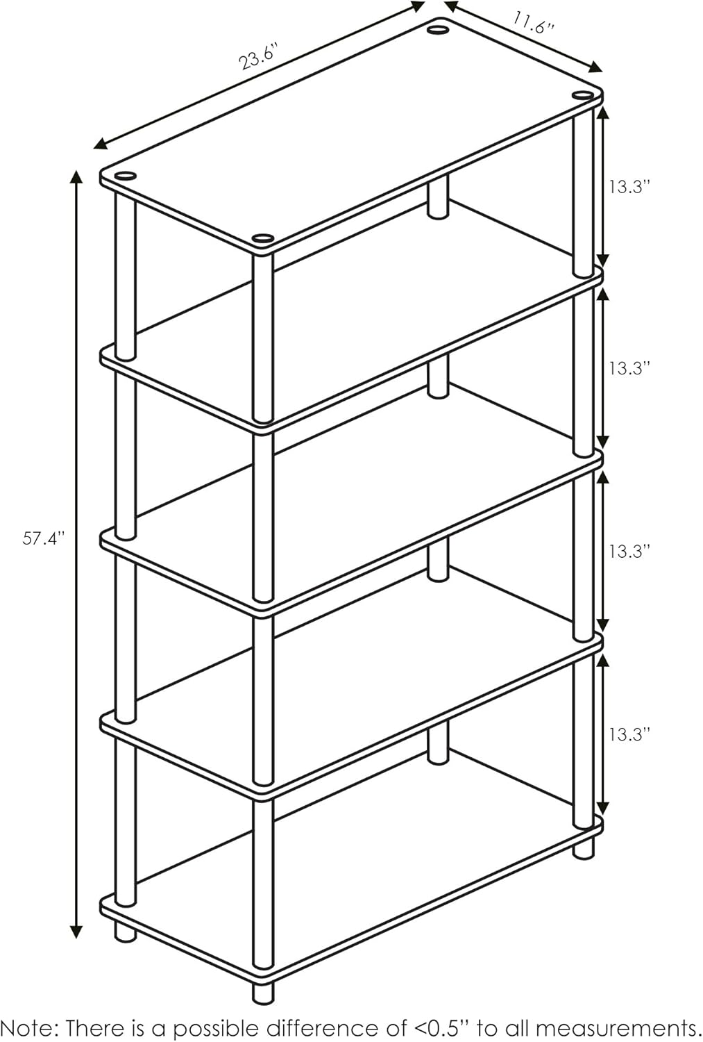 Furinno TURN-N-TUBE Storage Shelves, 5-Tier Book Shelf, Corner Shelf, Toolless Open Shelves, for Organization and Storage, Living Room, Garage, Home Office, Black