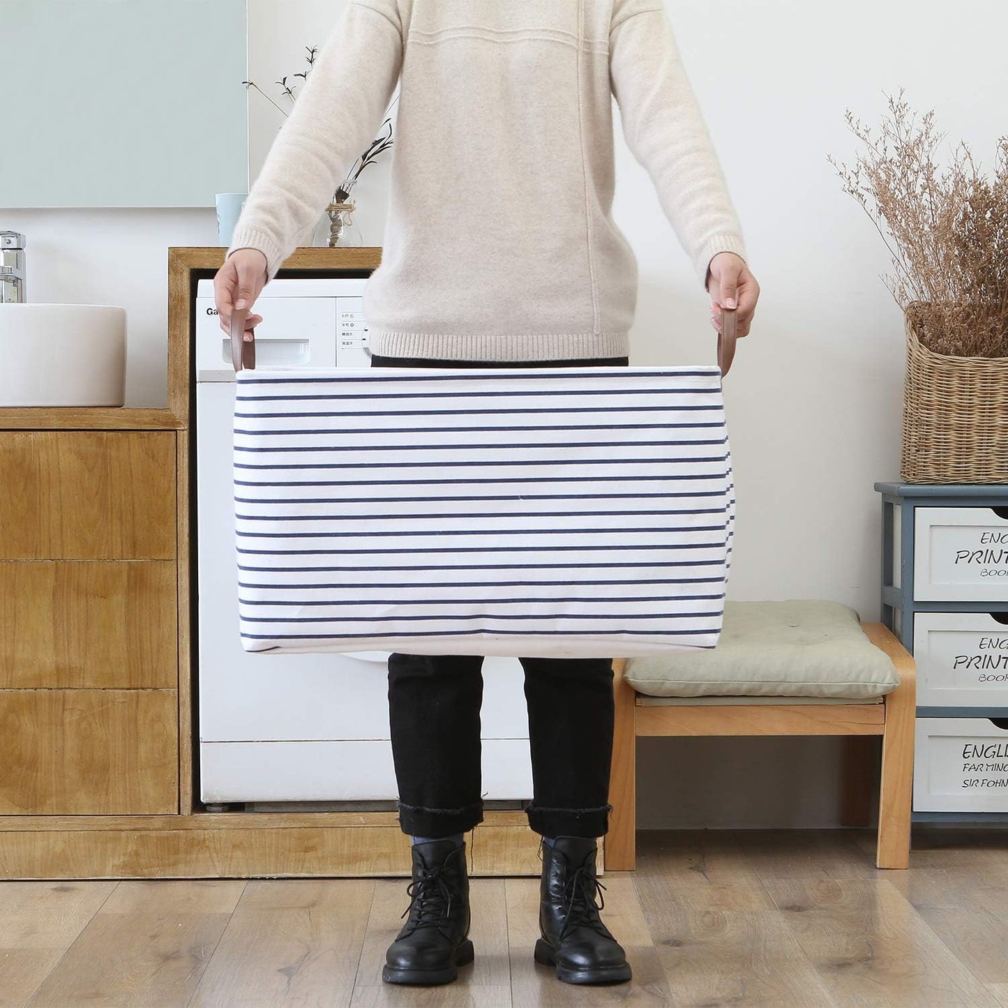 Hinwo 70L Extra Large Storage Bins, 6-Pack Closet Organizers and Storage, Foldable Clothes Storage Baskets with Handles, Containers for Clothing, Blanket, Comforters, Toys, Bedding (Navy Stripe)