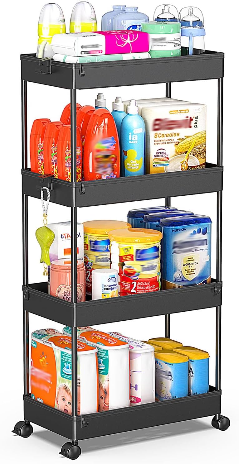 SPACEKEEPER Storage Cart 4-Tier, Bathroom Rolling Cart Utility Storage Organizer Shelf Mobile Shelving Unit for Kitchen Living Room Bathroom Laundry Room & Dressers, Black