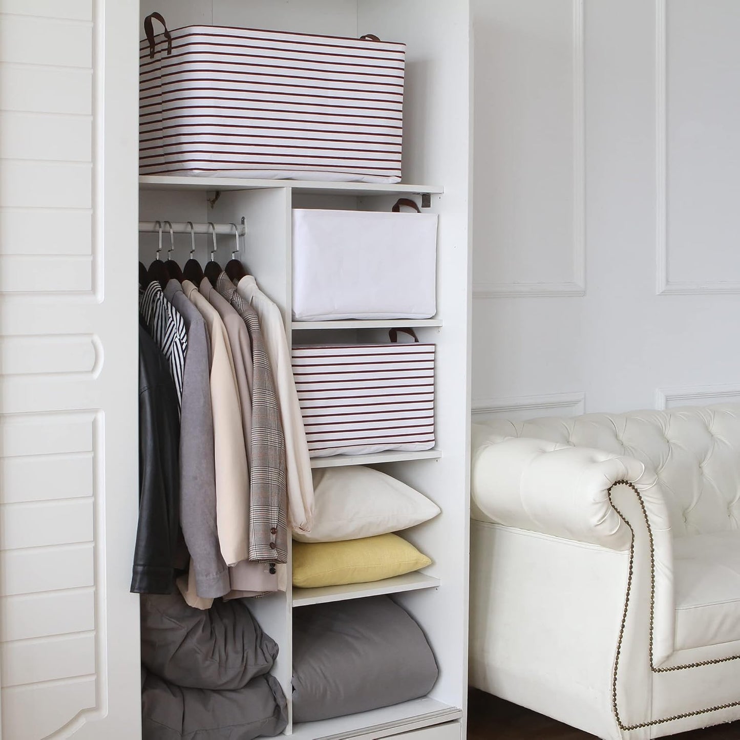 Hinwo 70L Extra Large Storage Bins, Closet Organizers and Storage, Foldable Clothes Storage Baskets with Handles, Containers for Clothing, Blanket, Comforters, Toys, Bedding (Burgundy Stripe)