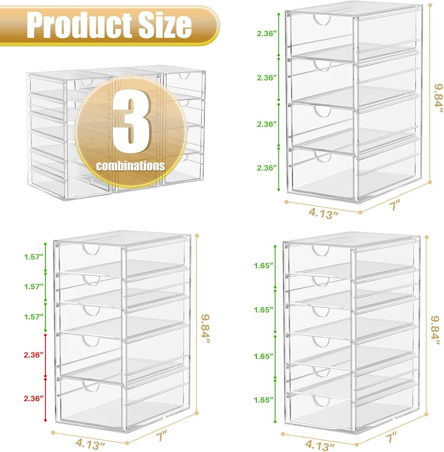 Acrylic 3 Pack Desk Organizers and Accessories, Makeup Organizer Storage With 15 Drawers, Desk Organizers, Dustproof Drawer Organizer and Storage for Make Up, Jewelry, DIY Pen