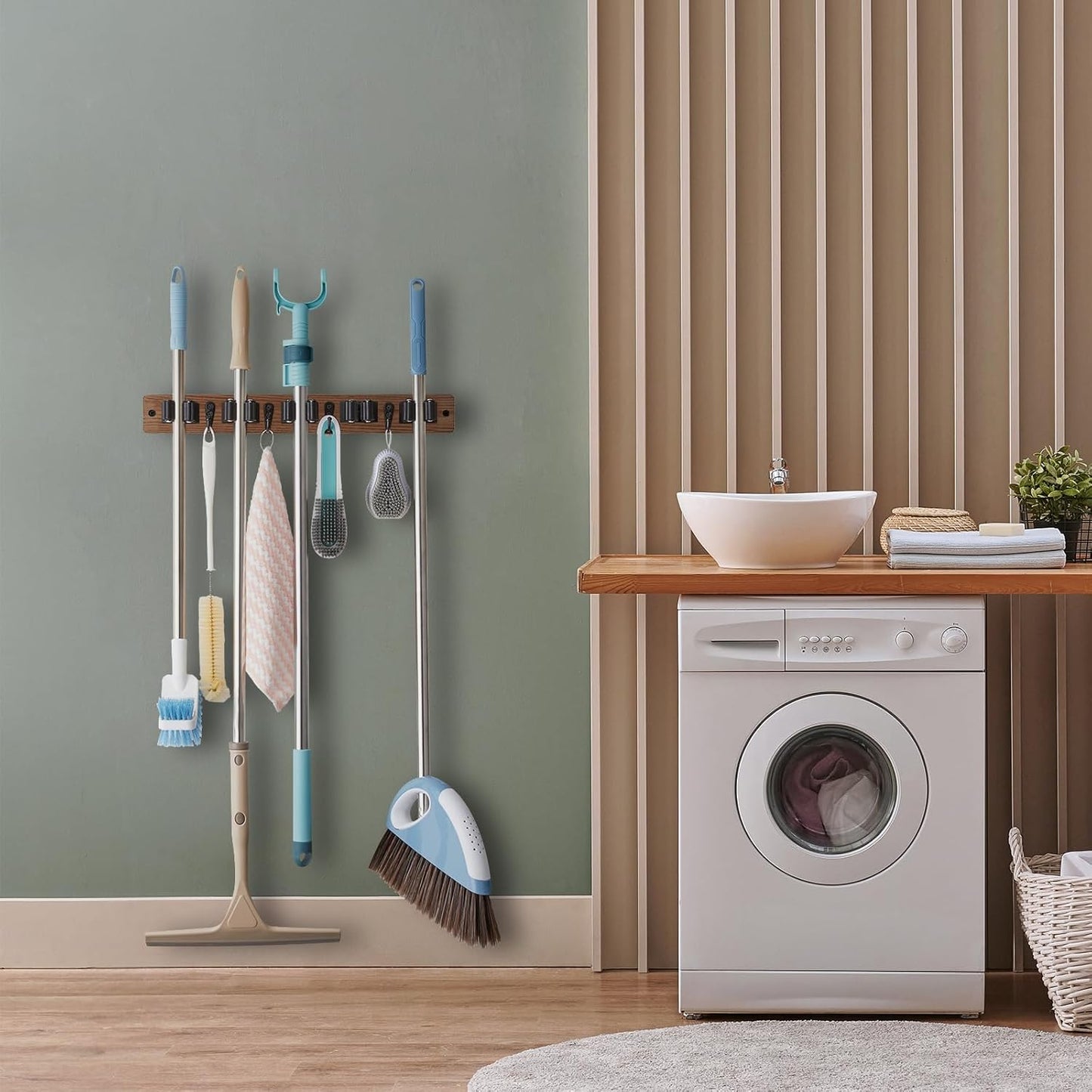 Mop and Broom Holder Wall Mount - Wood Broom Mop Hanger - Wall Mounted Garden Tool Rack Organizer for Closet Garage Laundry Room for Rustic Kitchen Decor With 5 Slots & 4 Hooks