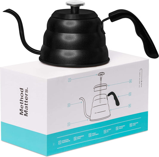 Barista Warrior Pour Over Coffee Kettle with Thermometer – Gooseneck Kettle for Coffee and Tea, Stainless Steel for All Stovetops (Matte Black, 1.0 Liter, 34 fl oz)