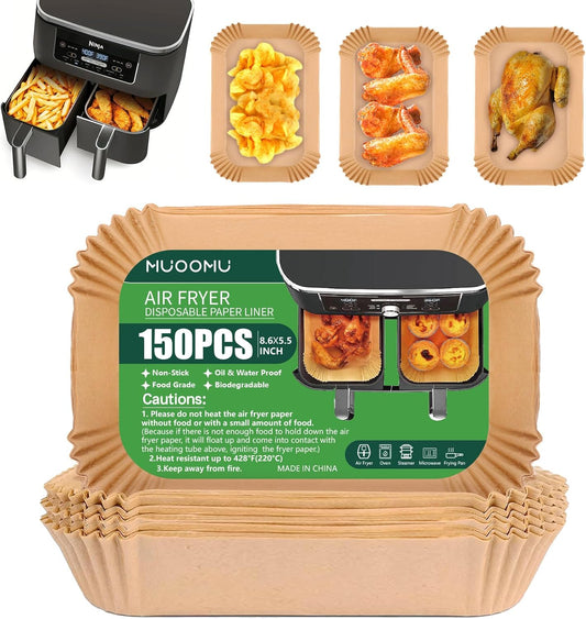 Air Fryer Disposable Paper Liners for Ninja Dual Airfryer Accessories, Non-Stick Parchment Rectangular for Baking, Oil Proof, Water Proof, for Microwave Oven (150PCS, 8.6in x 5.5in）