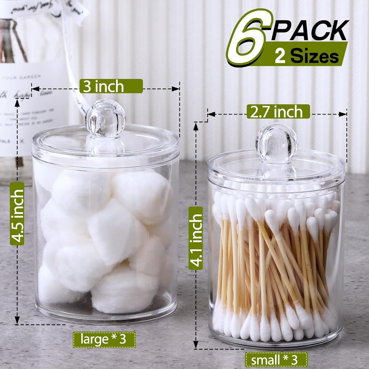 AOZITA 6 Pack Acrylic Qtip Holder Dispenser for Cotton,Swab, Ball, Round Pads, Floss Picks - Clear Plastic Apothecary Jar Set, Bathroom Canister Storage Organization, Vanity Makeup Organizer