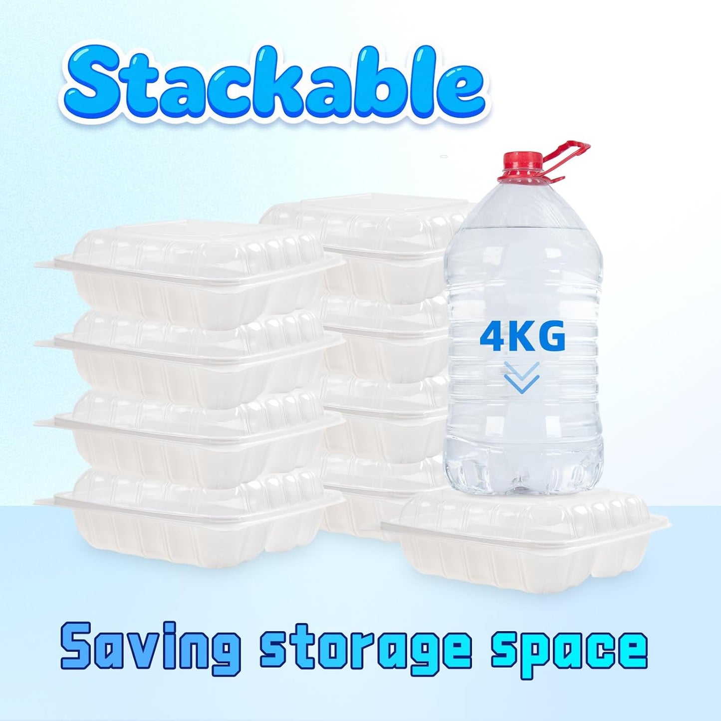 YANGRUI Plastic Containers 8" 34 oz 25 Pack - Reusable Fog Free Crystal Lid Technology | BPA Free PP Freezer & Microwave Safe Shrink-Sealed Takeout Box | White Restaurant 3 Compartment Food Container