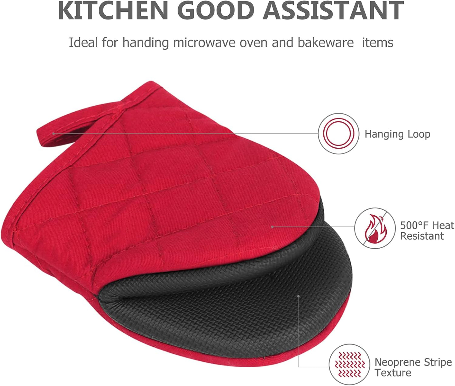 1 Pair Short Oven Mitts, Heat Resistant Silicone Kitchen Mini Oven Mitts for 500 Degrees, Non-Slip Grip Surfaces and Hanging Loop Gloves, Baking Grilling Barbecue Microwave Machine Washable