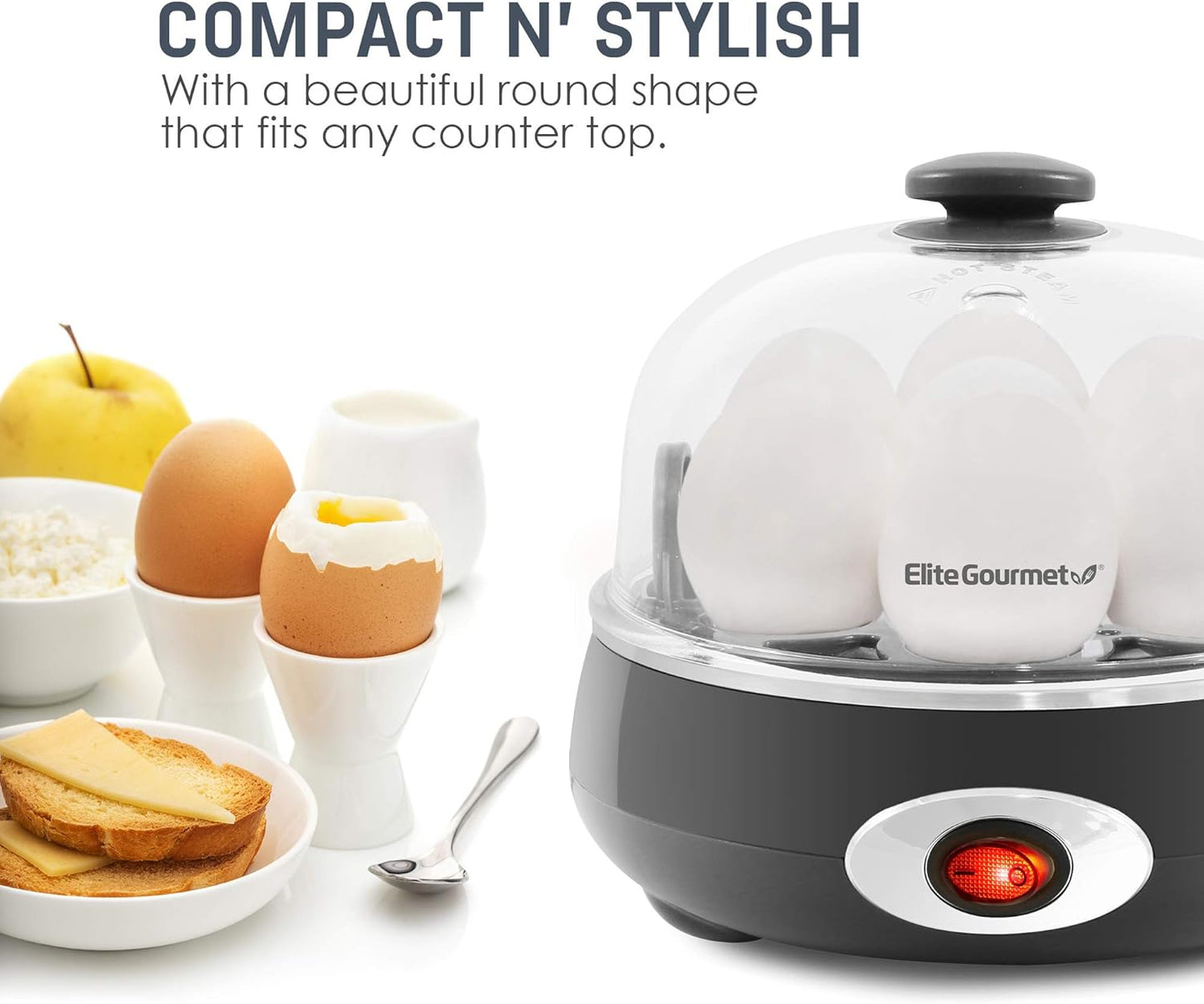 Elite Gourmet EGC007CHC# Rapid Egg Cooker, 7 Easy-To-Peel, Hard, Medium, Soft Boiled Eggs, Poacher, Omelet Maker, Auto Shut-Off, Alarm, 16-Recipe Booklet, Charcoal Grey
