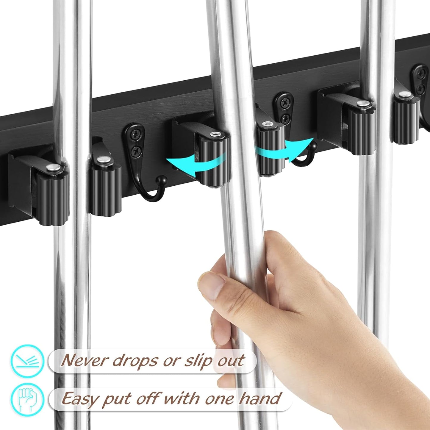 Mop and Broom Holder Wall Mount - Black Broom Mop Hanger - Wall Mounted Garden Tool Rack Organizer for Closet Garage Laundry Room Kitchen Decor With 5 Slots & 4 Hooks