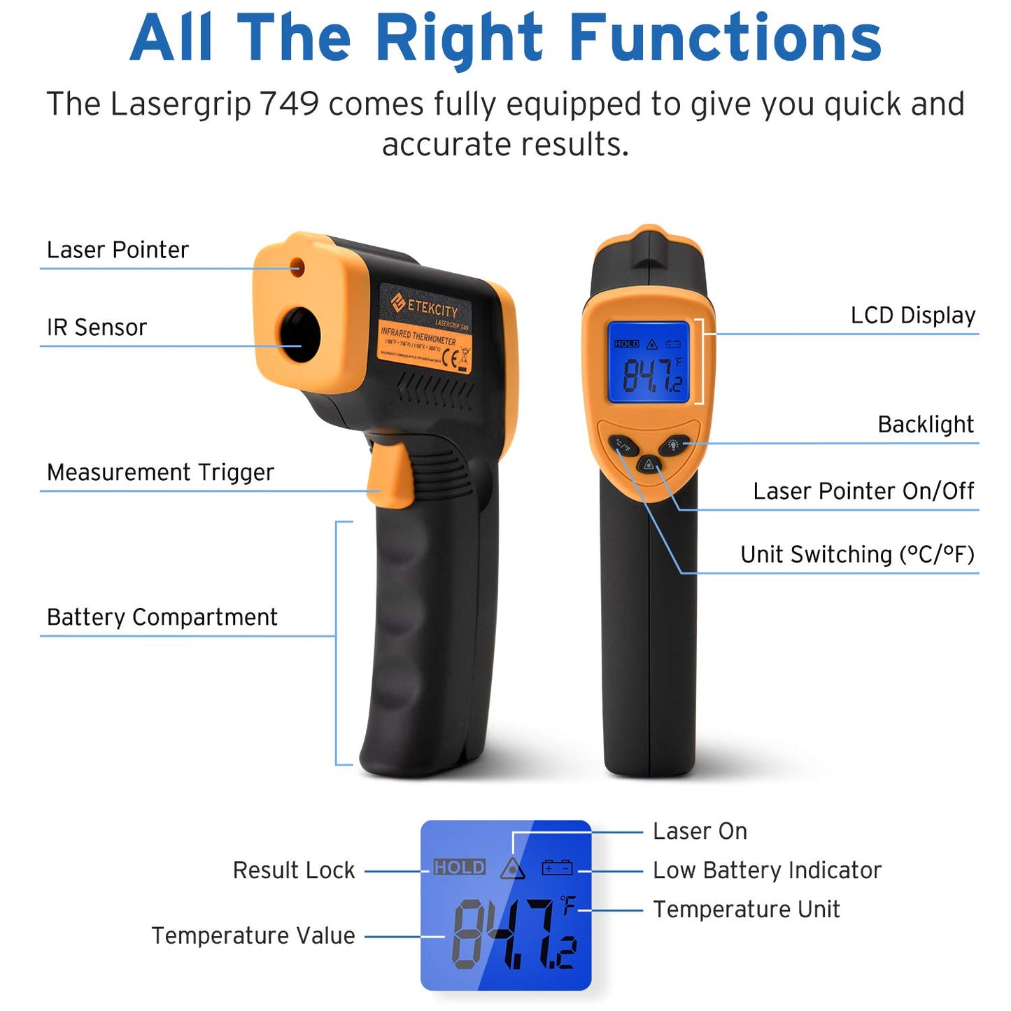 Etekcity Infrared Thermometer 749 (Not for Human) Temperature Gun Non-Contact Digital Lasergrip with LCD Backlit Display, -58℉ to 716℉ (-50℃ to 380℃), Black-Yellow