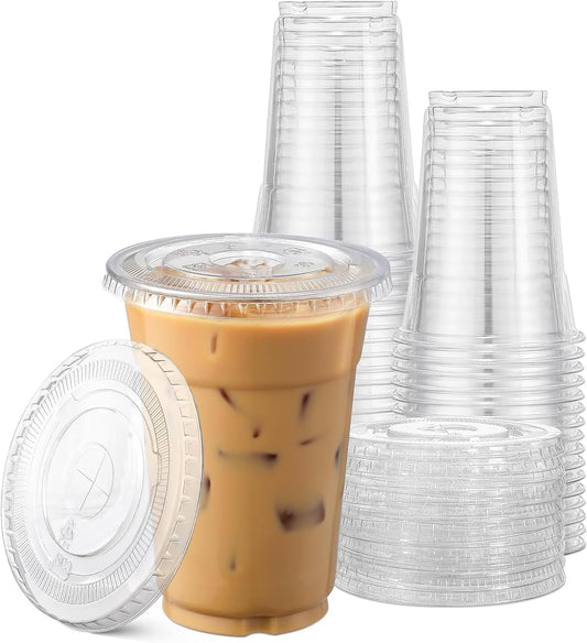 TashiBox Plastic Cups with Flat Lids 100 Sets 16 oz, Clear Crystal drink cups with lids