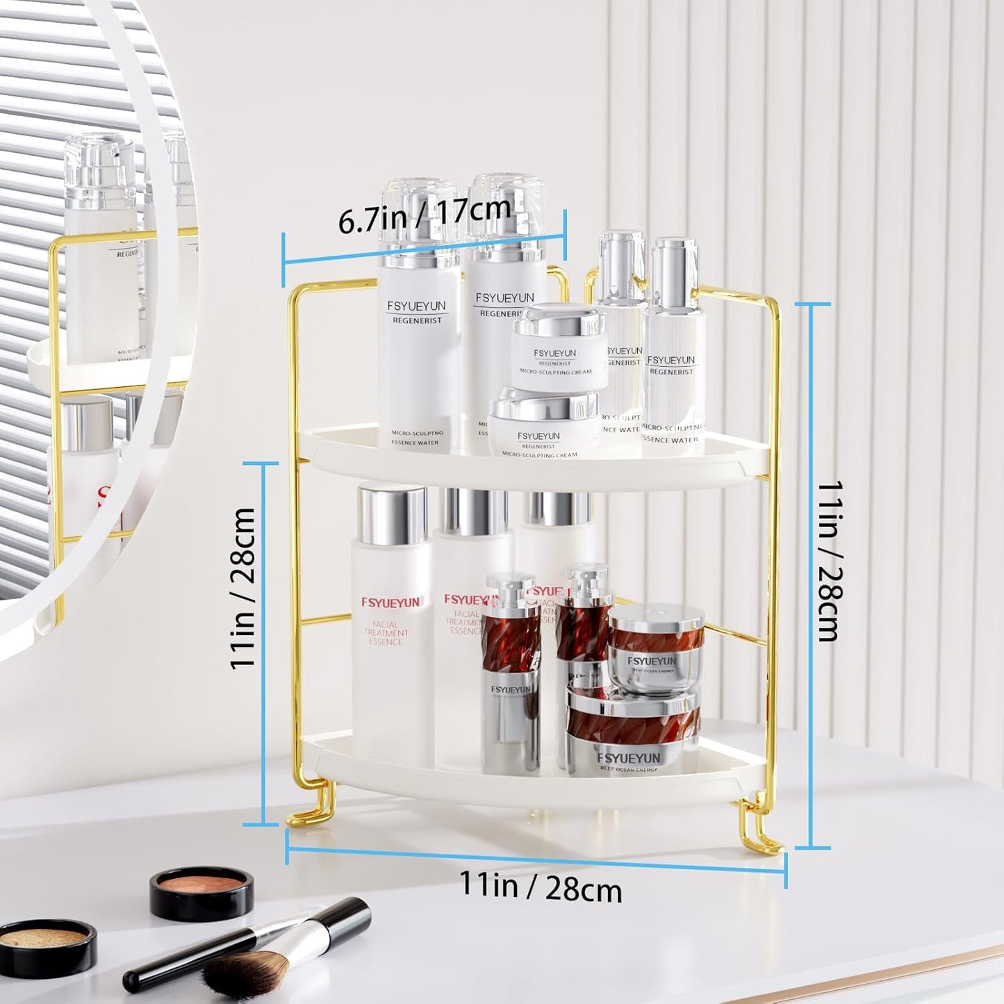 FSyueyun 2-Tier Corner Bathroom Counter Organizer, Tool-Less Installation Vanity Shelf Small Plastics Countertop Makeup Tray Skincare Perfume Organizers (Gold)