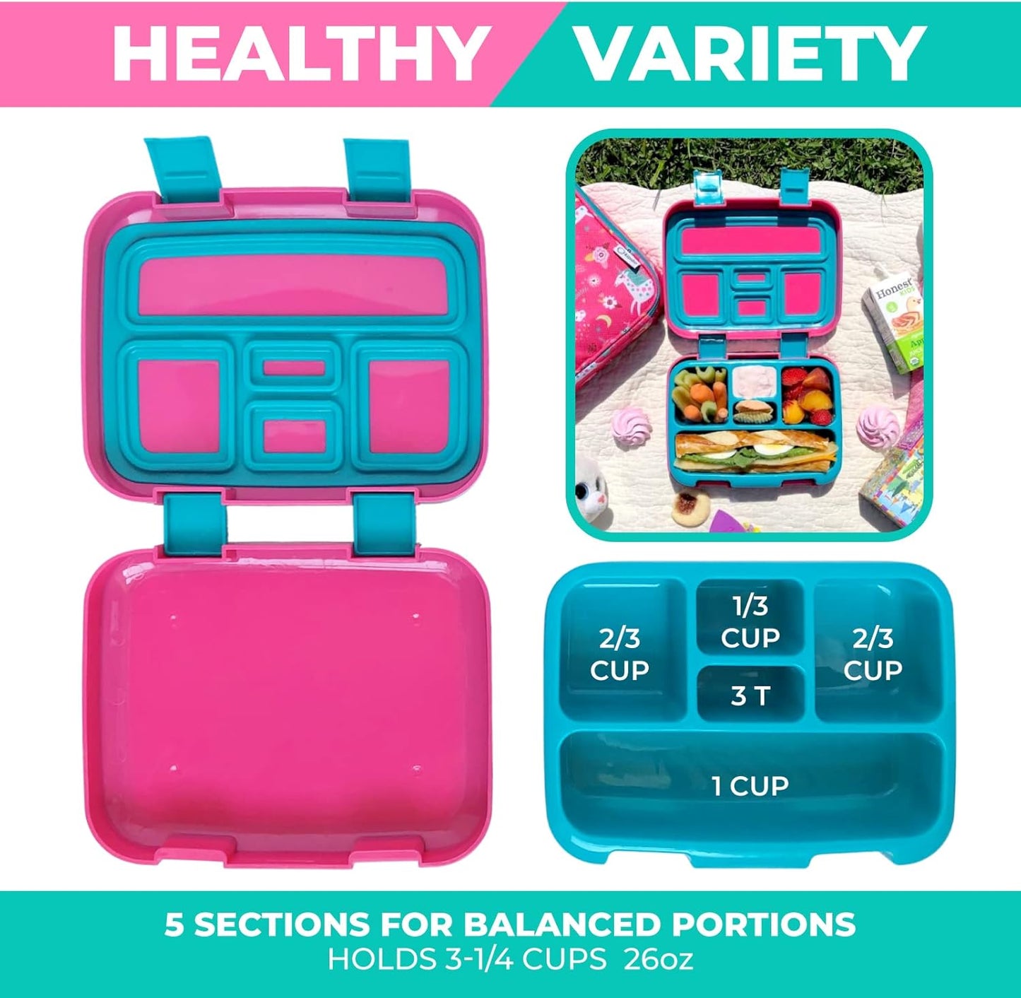 Bento Lunch Box with Insulated Bag, Water Bottle Ice Pack Set for Kids Toddlers, 5 Portion Sections, BPA Free Removable Tray, Pre-School Kid Toddler Daycare Lunches, Snack Container, Pink Unicorn