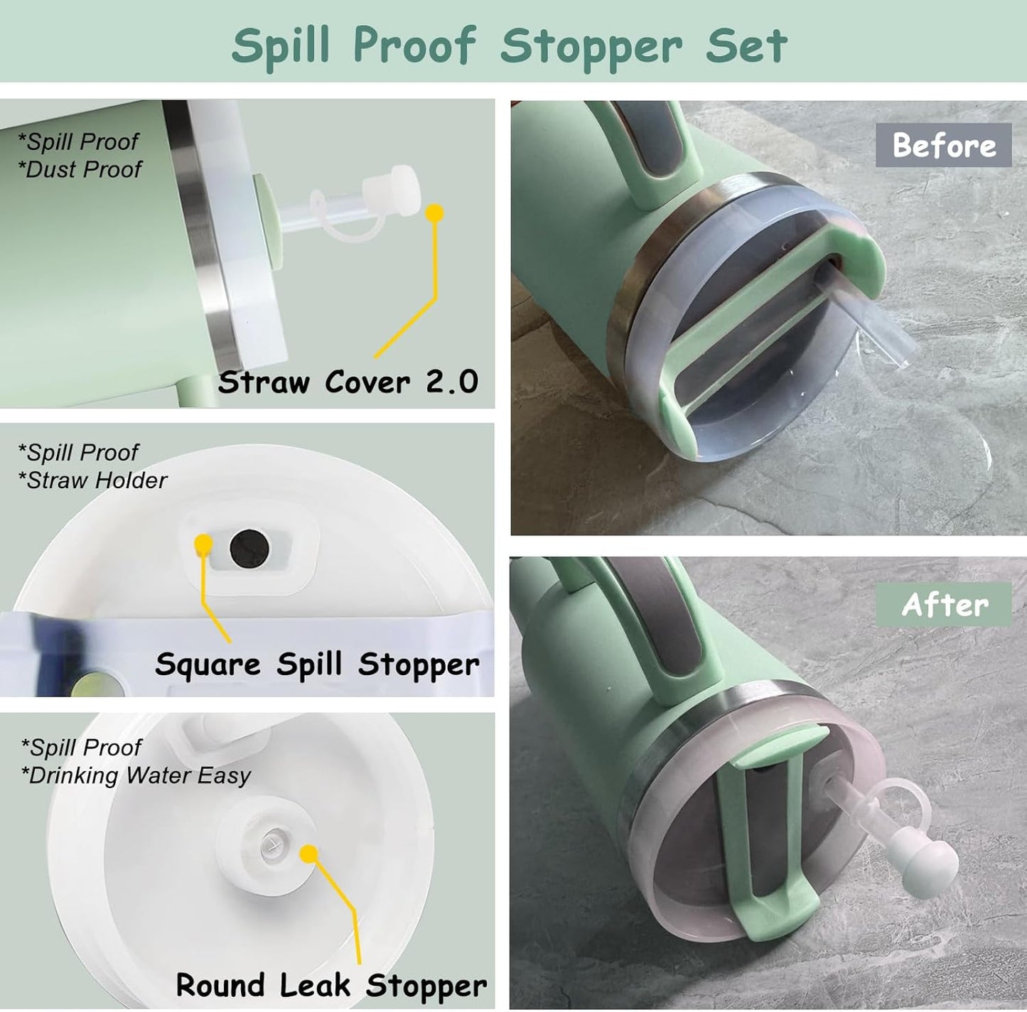 Stanley Cup Accessories Set,Including 2 Pcs 0.4in Straw Cover, 1 Silicone Spill-Proof Stopper Set of 3, 1 Cute Flowers Handle Charm, 1 Silicone Boot Fits Stanley 40&30 Oz Tumbler (Matcha Cream)