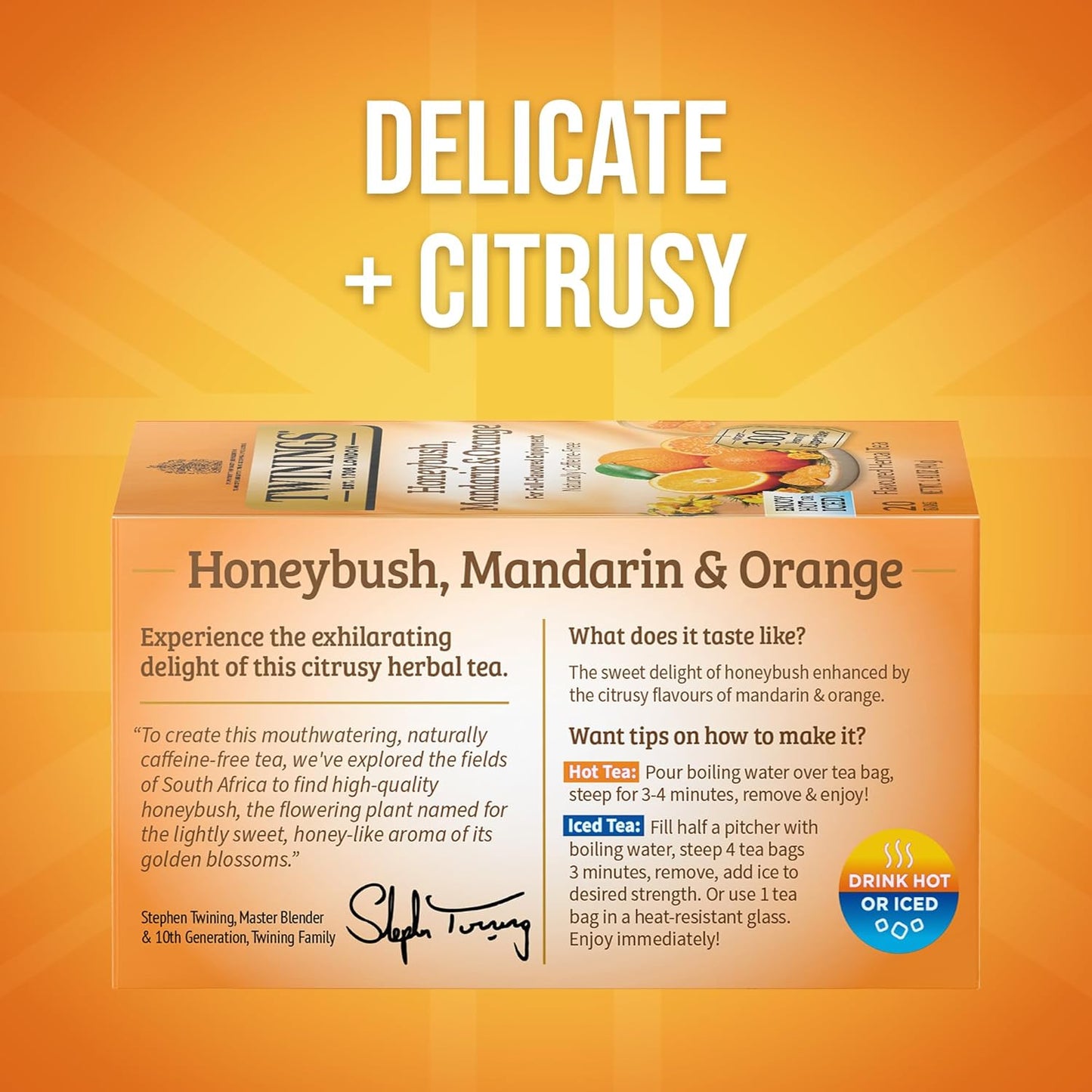 Twinings Honeybush, Mandarin, & Orange Herbal Tea Individually Wrapped Bags, 20 Count (Pack of 6), Naturally Caffeine-Free, Enjoy Hot or Iced, 120 Teabags