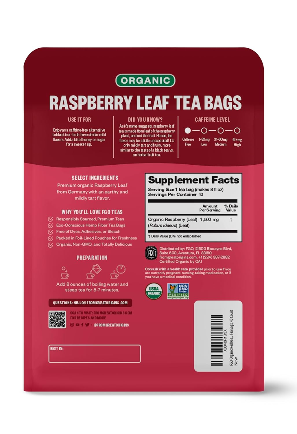 FGO Organic Red Raspberry Leaf Herbal Tea, 40 Count, Eco-Conscious Tea Bags, Caffeine Free (Pack of 1)