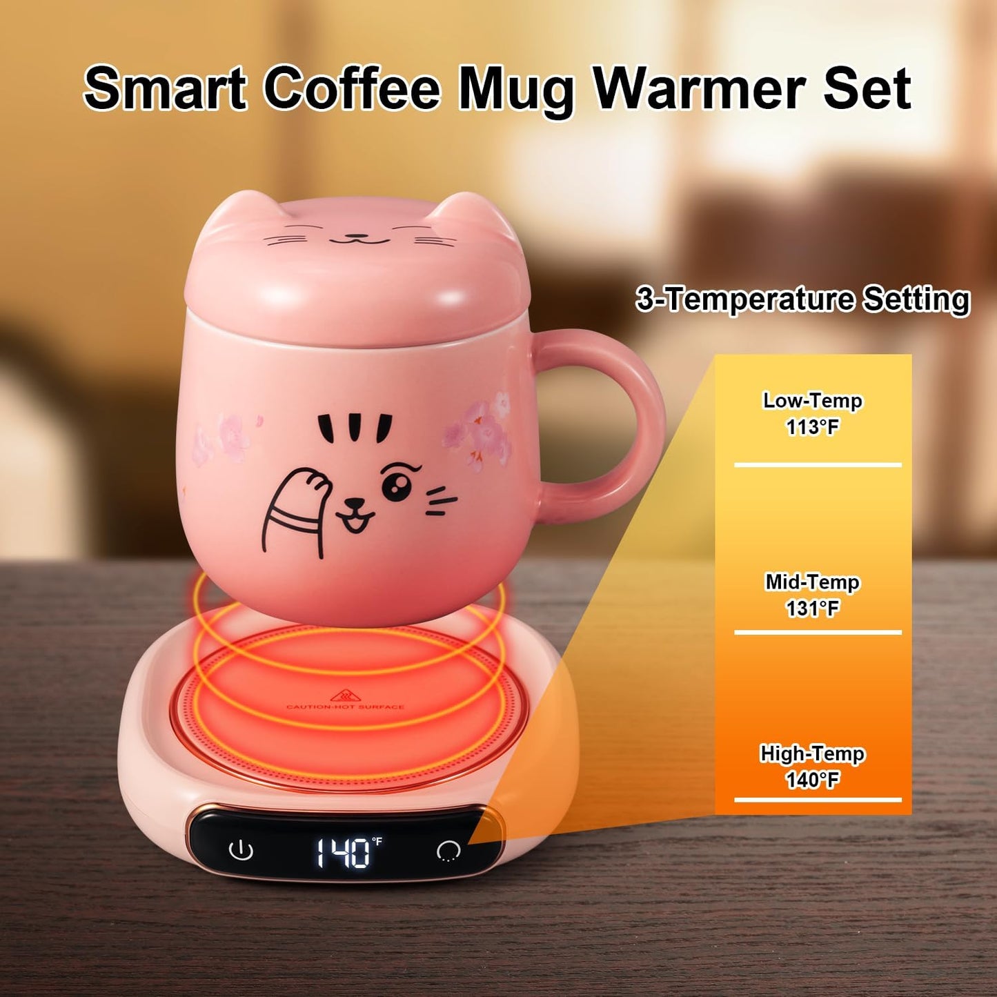 Bsigo Electric LED Display Smart Coffee Mug Warmer & Cute Cat Mug Set, Beverage Cup Warmer for Desk, Warmer Plate for Milk Tea with 3-Temperature Settings (Up to 140℉/60℃), 8 Hour Auto Shut Off, Pink