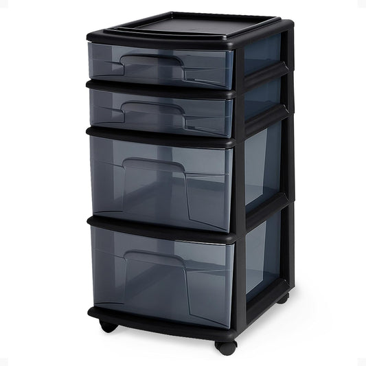 HOMZ Drawer Tower, 4-Tier Clear Plastic Storage Organizer Cart, Black Frame - Rolling Drawer Containers with Wheels for Bathroom, Bedroom, Office, and Classroom Organization