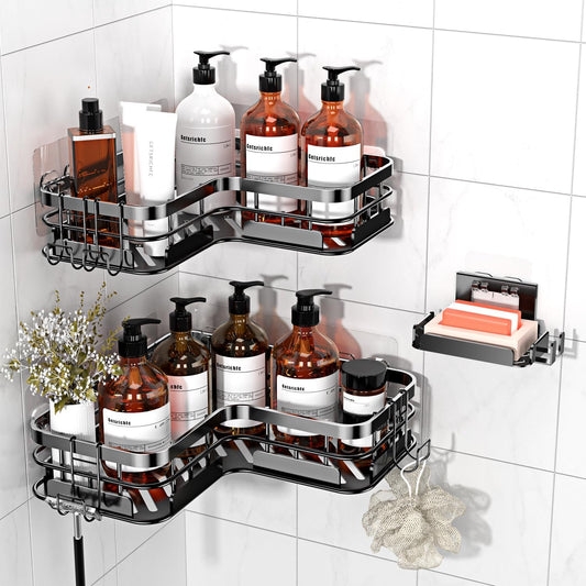 Large Capacity Shower Caddy, Heavy-Duty Adhesive Shower Organizers with Custom Aesthetic Design Soap, No Drilling Corner Shower Shelves, 5 Hooks for Bathroom Accessories - 3 Pack
