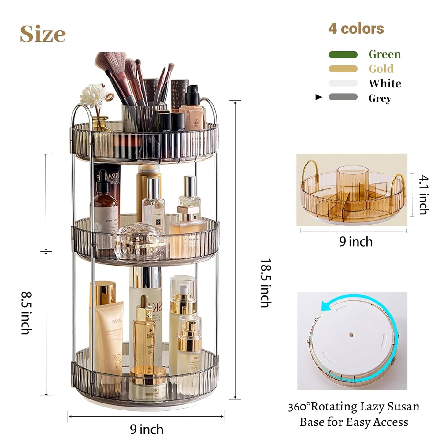 Aveniee 360° Rotating Makeup Organizer for Vanity, Upagraded Perfume Skincare Bathroom Counter Organizers with Brush Divider, 3 Tier Spinning Lipstick Cosmetic Lotion Storage,Grey