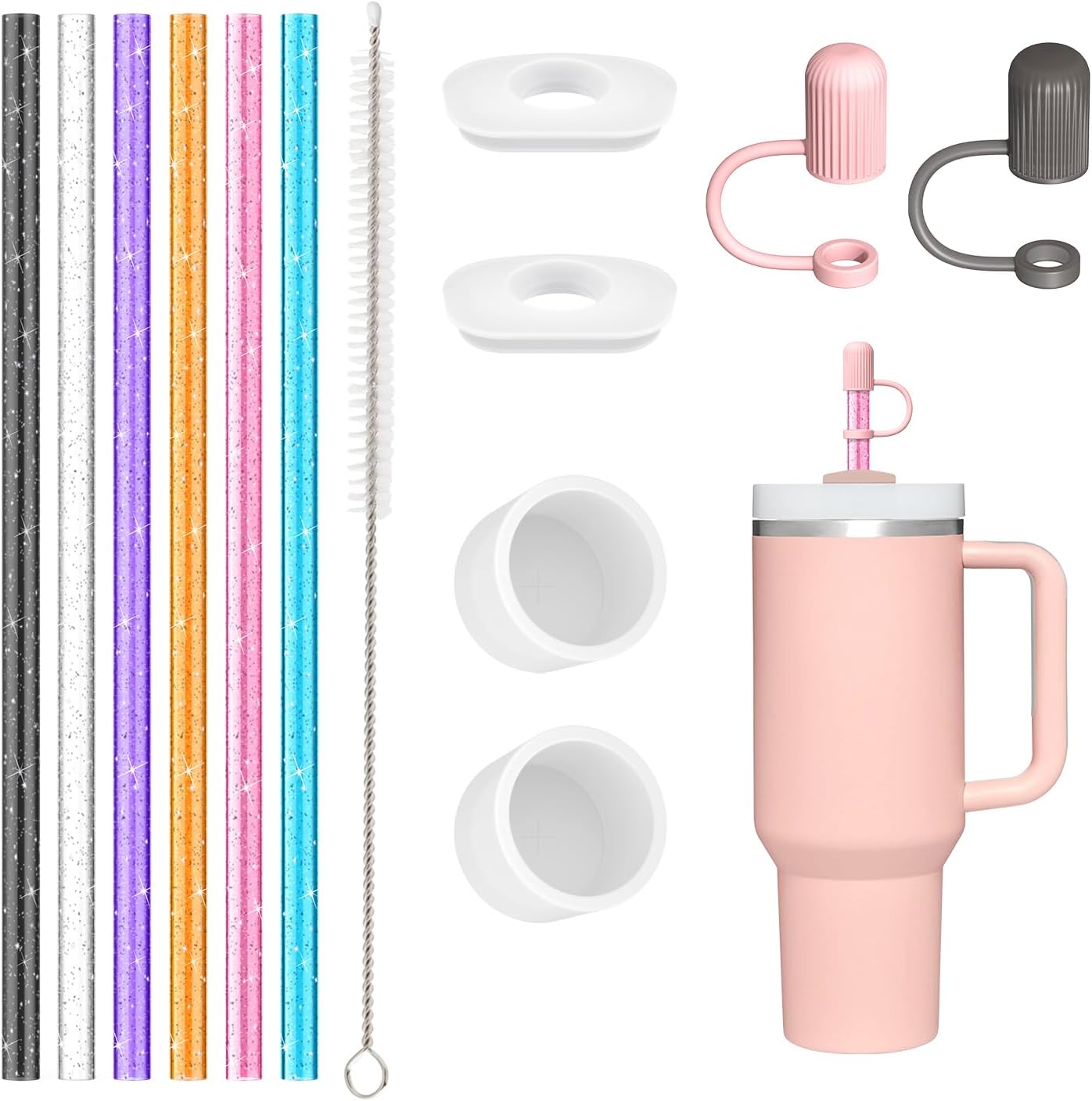 6 PCS Replacement Straws with Cover Spill Toppers for Stanley Cup 40 oz 30 oz Tumbler, Reusable Drinking Straws with Cover Cap and Cleaning Brush for Stanley Cup Accessorie, BPA Free, Dishwasher Safe