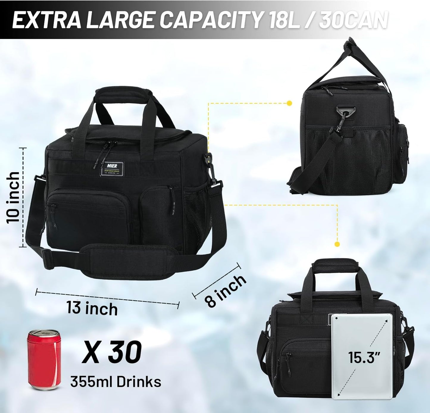 MIER Large Lunch Box for Men Women Adult Insulated Soft Sided Cooler 30 Can Leakproof Lunch Bag Collapsible for Work Travel Camping Beach, 18L (Black-No Luggage Strap)