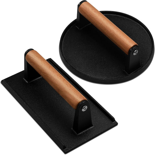 EWFEN Cast Iron Smash Bacon Press Meat Steak with Wood Handle, Burger Press(Round & Rectangle with Flat Bottom)