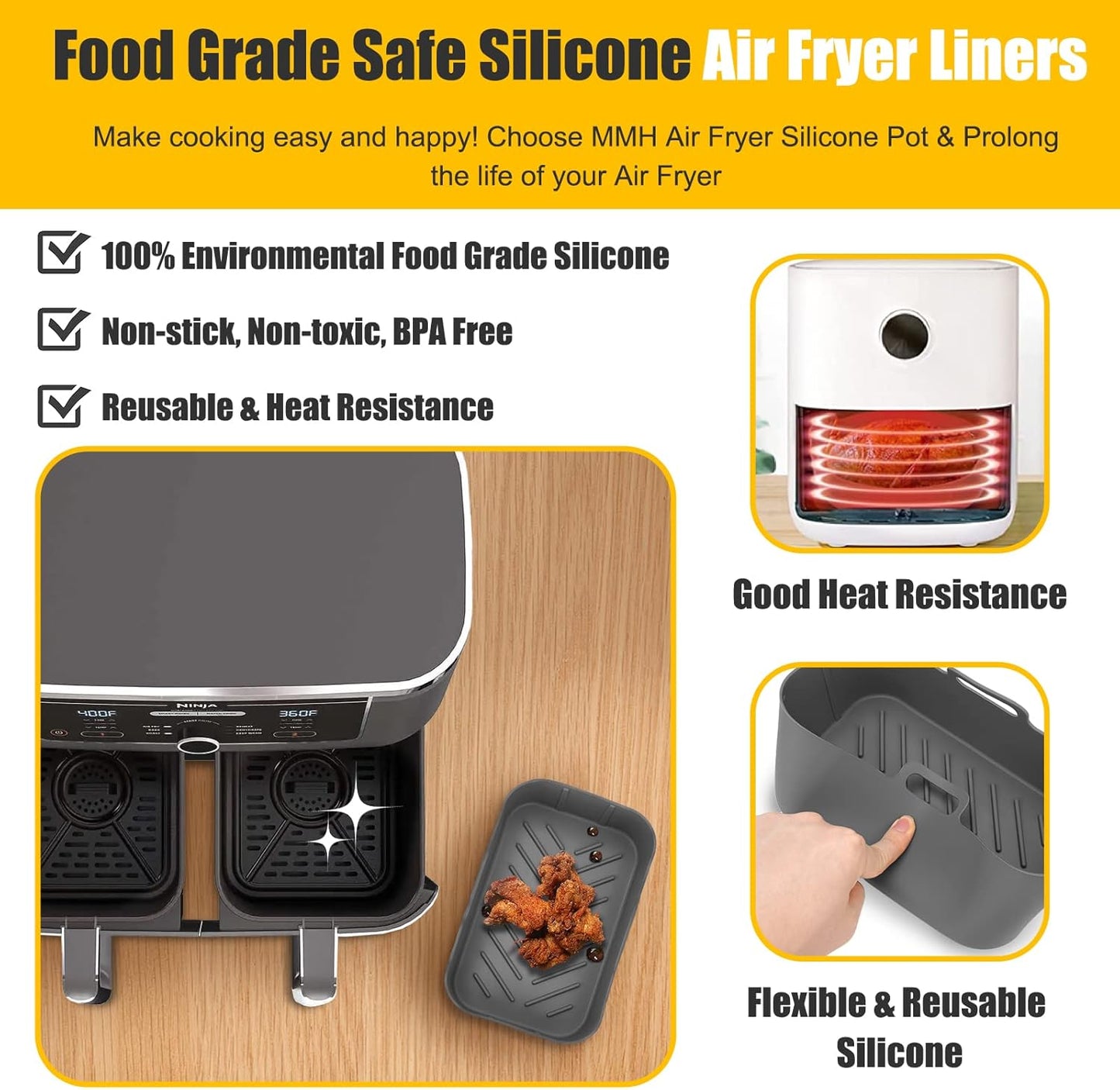 2PCs Air Fryer Silicone Liners for Ninja Foodi DualZone XL 2-Basket DZ550 DZ550GY/DZ401/DZ302, Reusable Food Grade Airfryer Baking Tray Replacement Accessories for Ninja/Cosori Dual-Bakset 9-10QT Gray